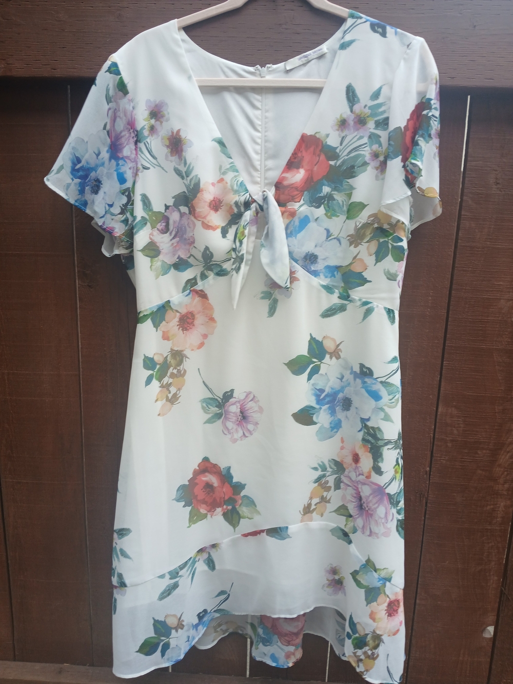 LAVENDER BROWN Floral Tie-Front High-Low Dress White Multicolor Size L